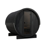 SaunaLife E8B 6 person black outdoor barrel sauna with bronze glass door and contemporary Scandinavian design