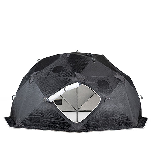 SaunaLife SaunaTrekker XL insulated portable sauna tent in black with front door open