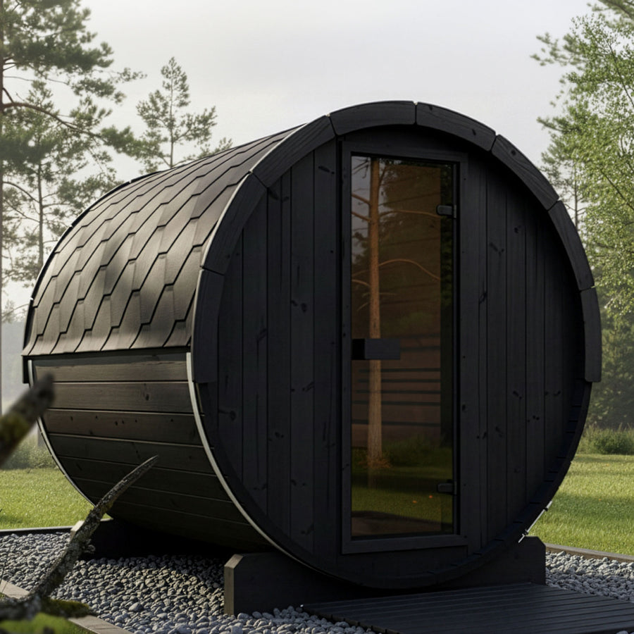 SaunaLife E8B 6 person black outdoor barrel sauna with bronze glass door and contemporary Scandinavian design
