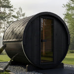 SaunaLife E8B 6 person black outdoor barrel sauna with bronze glass door and contemporary Scandinavian design