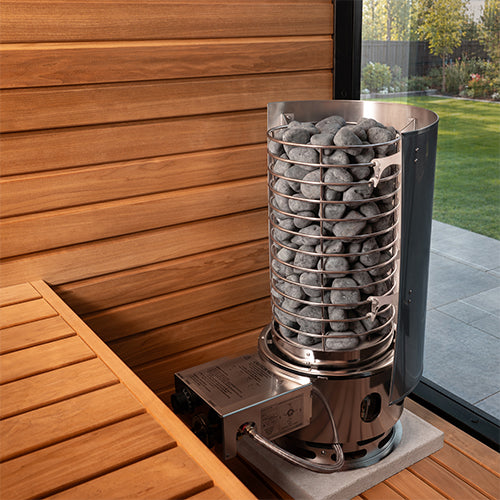 SaunaLife Titan SL1 Heat Shield shown installed on Titan Propane Sauna Heater in a sauna