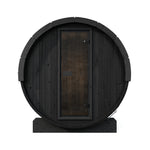 SaunaLife E8B 6 person black outdoor barrel sauna with bronze glass door and contemporary Scandinavian design