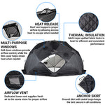 SaunaLife SaunaTrekker XL sauna tent showing insulated walls, ventilation, windows and anchor skirt