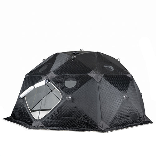 Side view of SaunaLife SaunaTrekker XL portable sauna tent with windows and ventilation panels