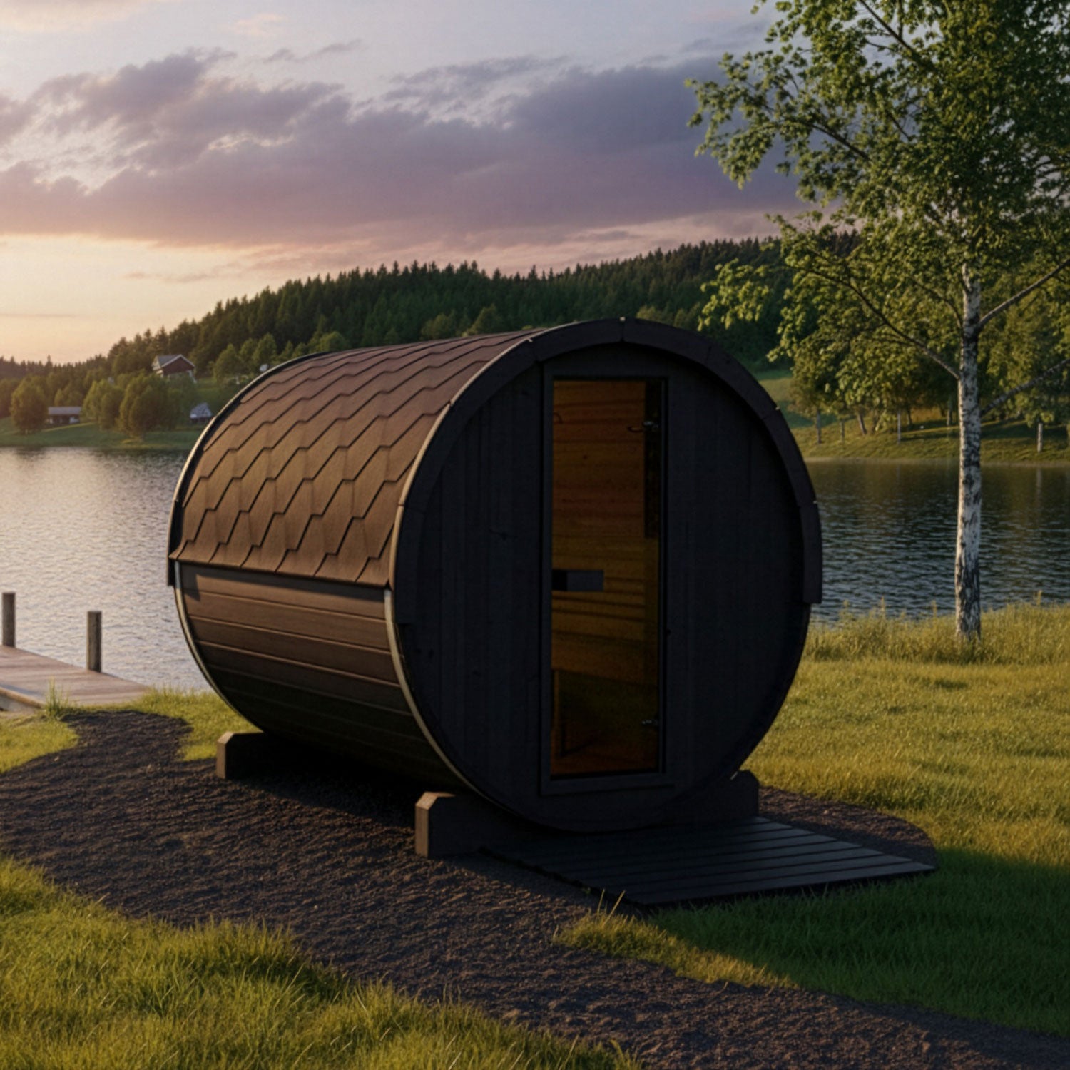 SaunaLife E8B 6 person black outdoor barrel sauna with bronze glass door and contemporary Scandinavian design