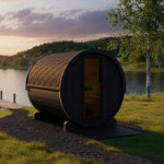 SaunaLife E8B 6 person black outdoor barrel sauna with bronze glass door and contemporary Scandinavian design