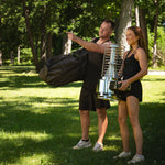 SaunaLife SaunaTrekker XL portable sauna setup with heater and carrying bag for outdoor use