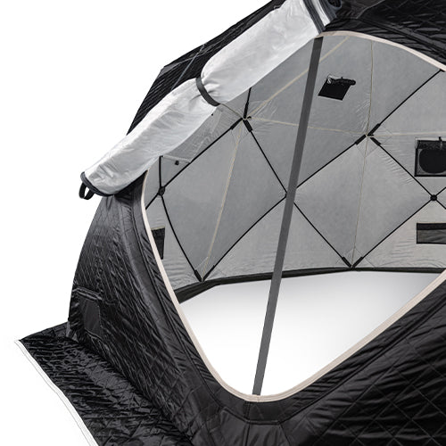 SaunaLife SaunaTrekker XL sauna tent entrance showing insulated interior and roll-up door