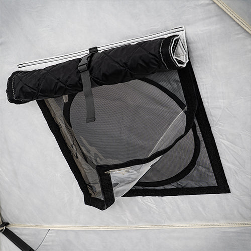Interior close-up of SaunaLife SaunaTrekker XL sauna tent roll-up ventilation window