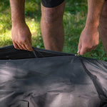 Close-up of SaunaLife SaunaTrekker XL portable sauna tent carrying bag zipper
