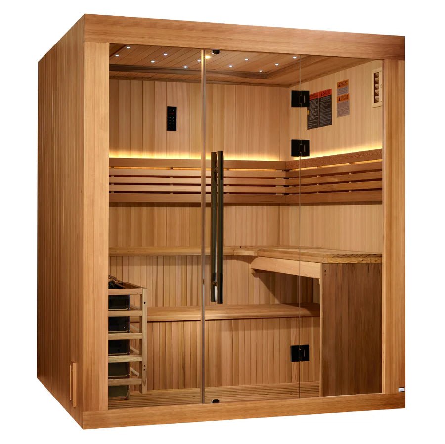 Golden Designs Osla 6-person traditional sauna — exterior view in Pacific Premium Clear Cedar