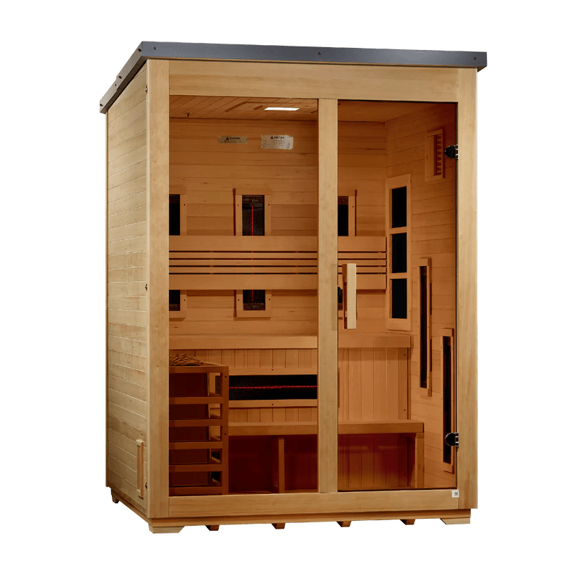 3 Person Outdoor Hybrid Sauna, Infrared and Traditional Stove, Flat Roof, Golden Designs Carinthia - NW Immersion
