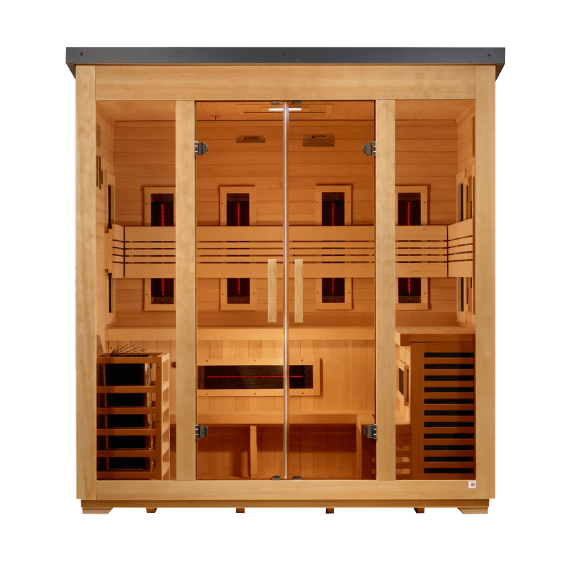 5 Person Outdoor Hybrid Sauna, Infrared and Traditional Stove, Flat Roof, Golden Designs Gargellen — detail view