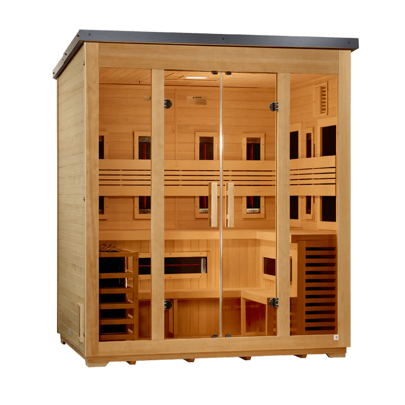 5 Person Outdoor Hybrid Sauna, Infrared and Traditional Stove, Flat Roof, Golden Designs Gargellen - NW Immersion