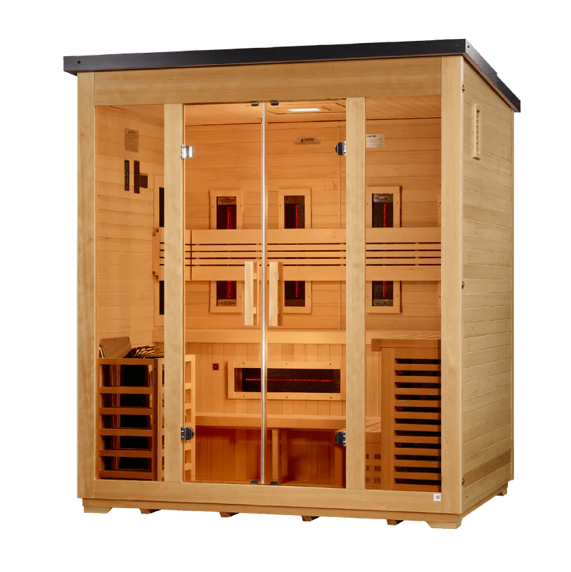 5 Person Outdoor Hybrid Sauna, Infrared and Traditional Stove, Flat Roof, Golden Designs Gargellen — alternate angle view