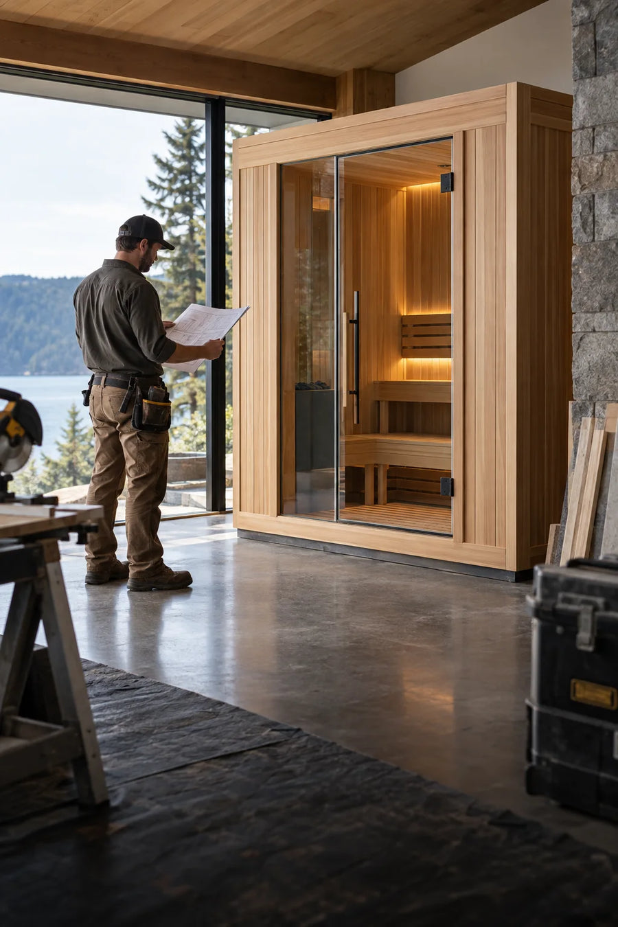 Contractor reviewing plans beside a completed cedar sauna installation