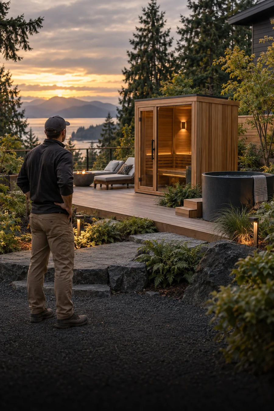 Pool and deck builder viewing a finished backyard sauna and cold plunge space