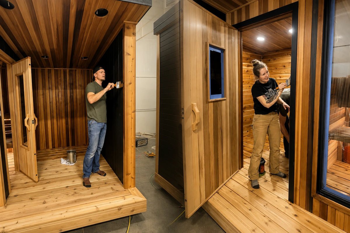 Eric finishing the interior of a cedar sauna and Michelle working on a sauna build