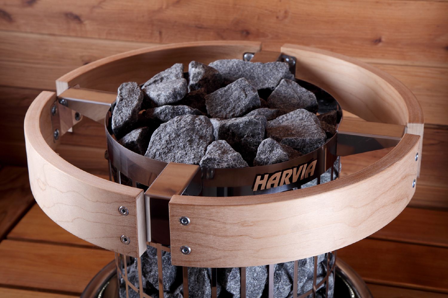 Harvia HPC3 Safety Rail up close on Cilindro heater inside a sauna