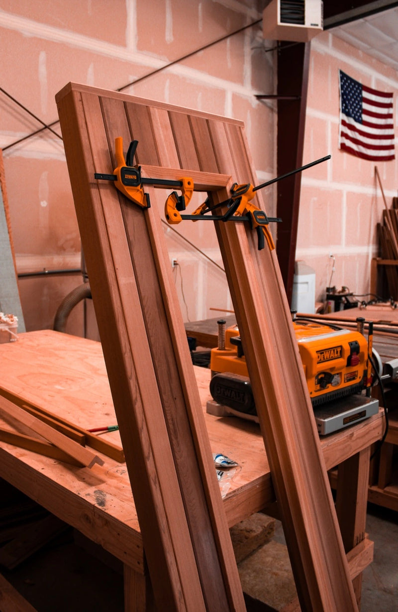 Cedar sauna panel being assembled in the NW Immersion workshop