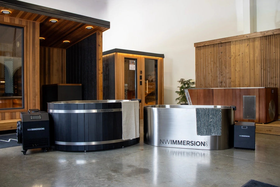 Cold plunge tubs and saunas on display on the NW Immersion showroom floor