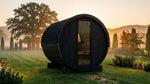 SaunaLife E8B 6 person black outdoor barrel sauna with bronze glass door and contemporary Scandinavian design