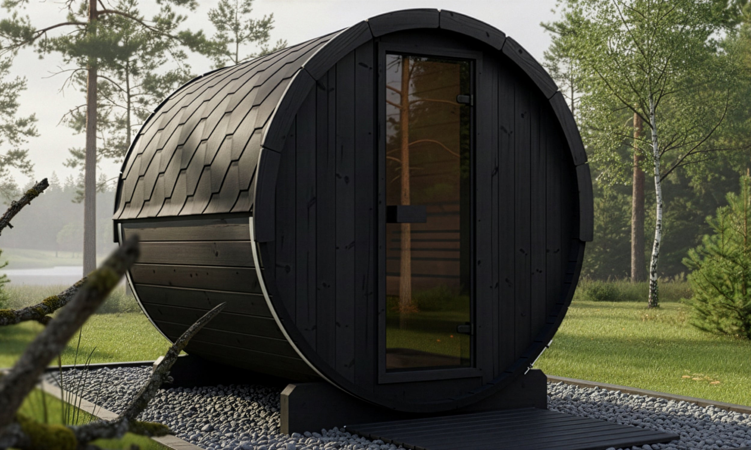 SaunaLife E8B 6 person black outdoor barrel sauna with bronze glass door and contemporary Scandinavian design