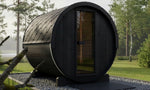 SaunaLife E8B 6 person black outdoor barrel sauna with bronze glass door and contemporary Scandinavian design