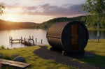 SaunaLife E8B 6 person black outdoor barrel sauna with bronze glass door and contemporary Scandinavian design