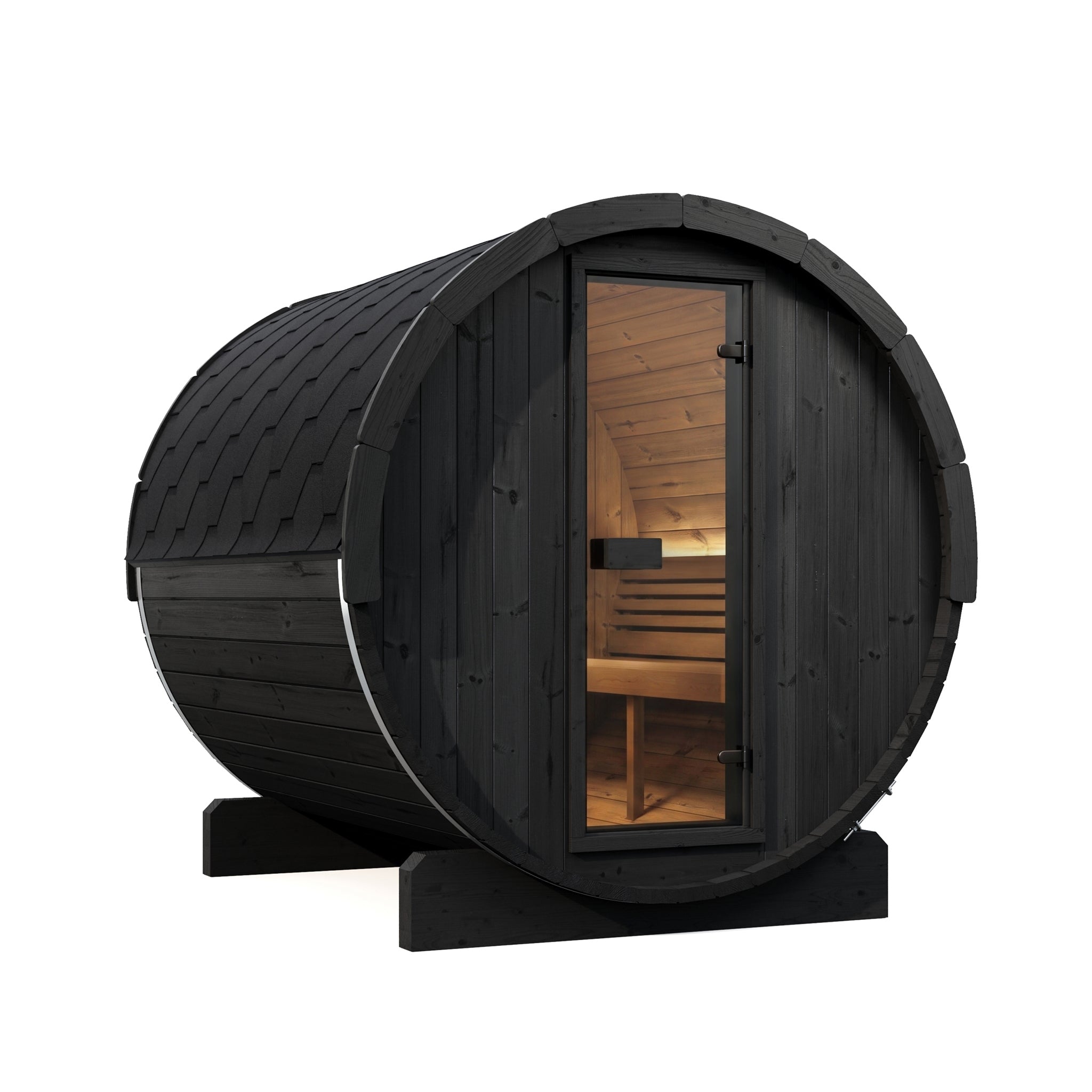 SaunaLife E8B 6 person black outdoor barrel sauna with bronze glass door and contemporary Scandinavian design