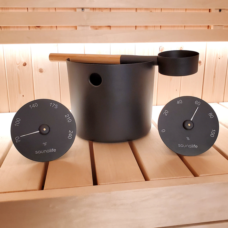 SaunaLife Accessory Package 5 — Black Sauna Bucket, Ladle, Thermometer & Hygrometer FAQ image