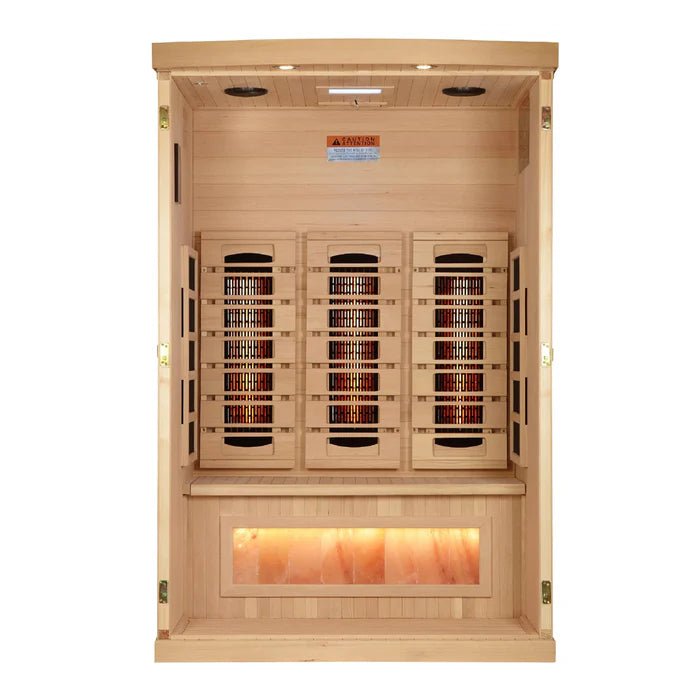 Golden Designs 2-Person 2025 Reserve Edition GDI-8020-03 Full Spectrum with Himalayan Salt Bar — shown in a finished setting