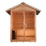 Golden Designs "Arlberg" 3 Person Traditional Outdoor Sauna - Canadian Hemlock — shown in a finished setting
