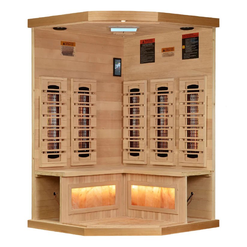 Golden Designs Reserve Edition™ 3 - Person Full Spectrum Near Zero EMF Corner Infrared Sauna with Himalayan Salt Bar - NW Immersion