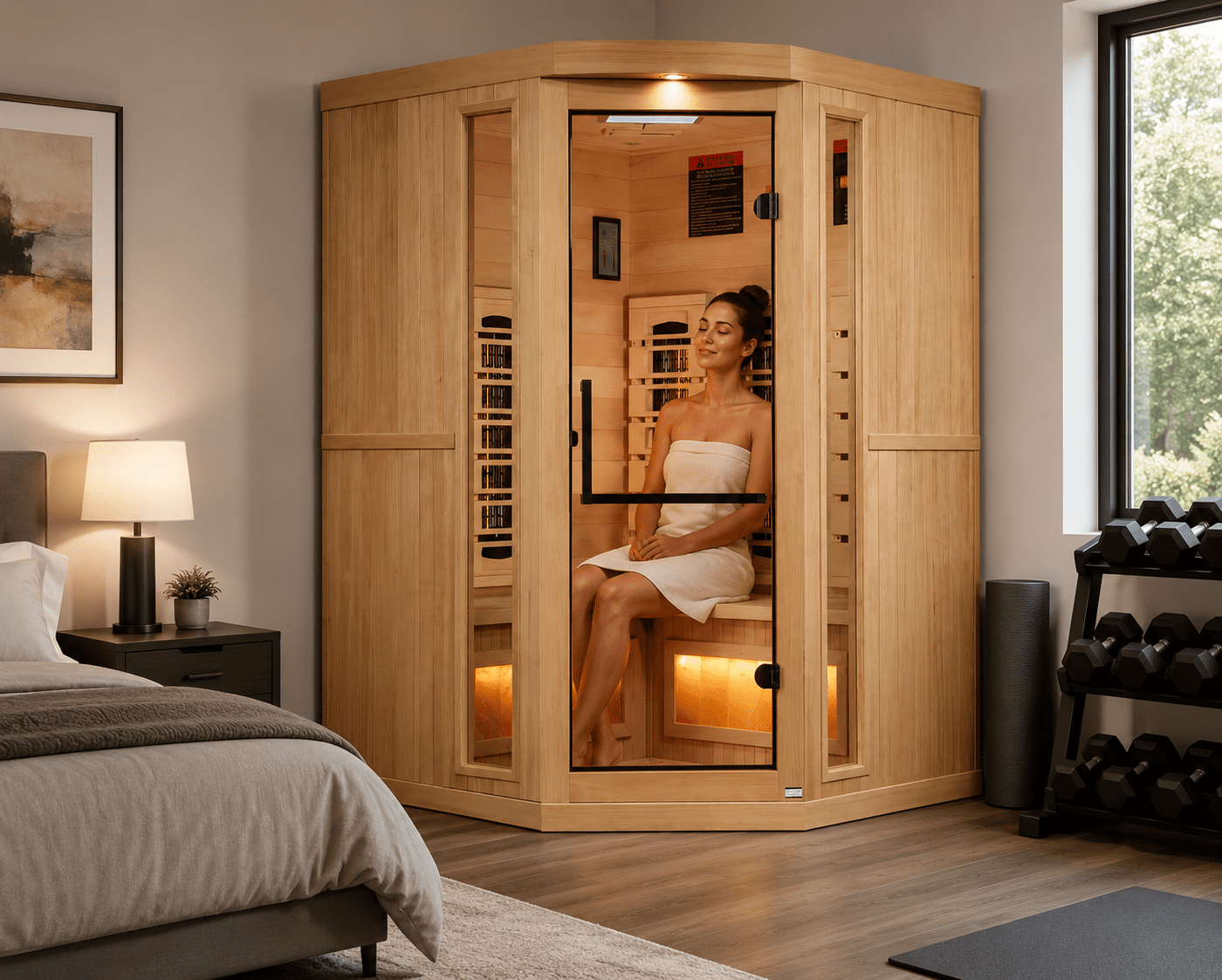Golden Designs Reserve Edition™ 3 - Person Full Spectrum Near Zero EMF Corner Infrared Sauna with Himalayan Salt Bar - NW Immersion
