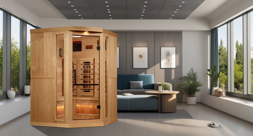 Golden Designs Reserve Edition™ 3 - Person Full Spectrum Near Zero EMF Corner Infrared Sauna with Himalayan Salt Bar - NW Immersion