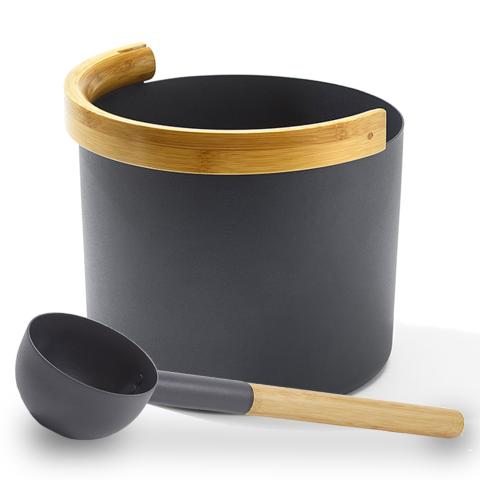 KOLO Sauna Set 2 – Bucket & Ladle Set with Curved Bamboo Handle, 1 Gallon, Black - NW Immersion