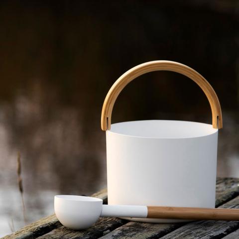KOLO Sauna Set 2 Sauna Bucket with curved handle and Ladle, Bamboo/Aluminum, 1Gal - WHITE - NW Immersion