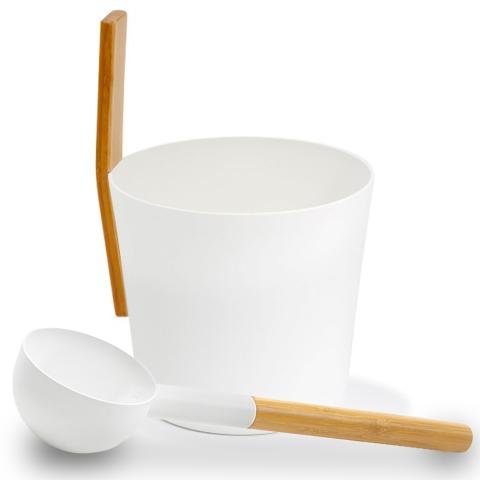 KOLO Sauna Set 3 Sauna Bucket with straight handle and Ladle, Bamboo/Aluminum, 1Gal - WHITE — product photo