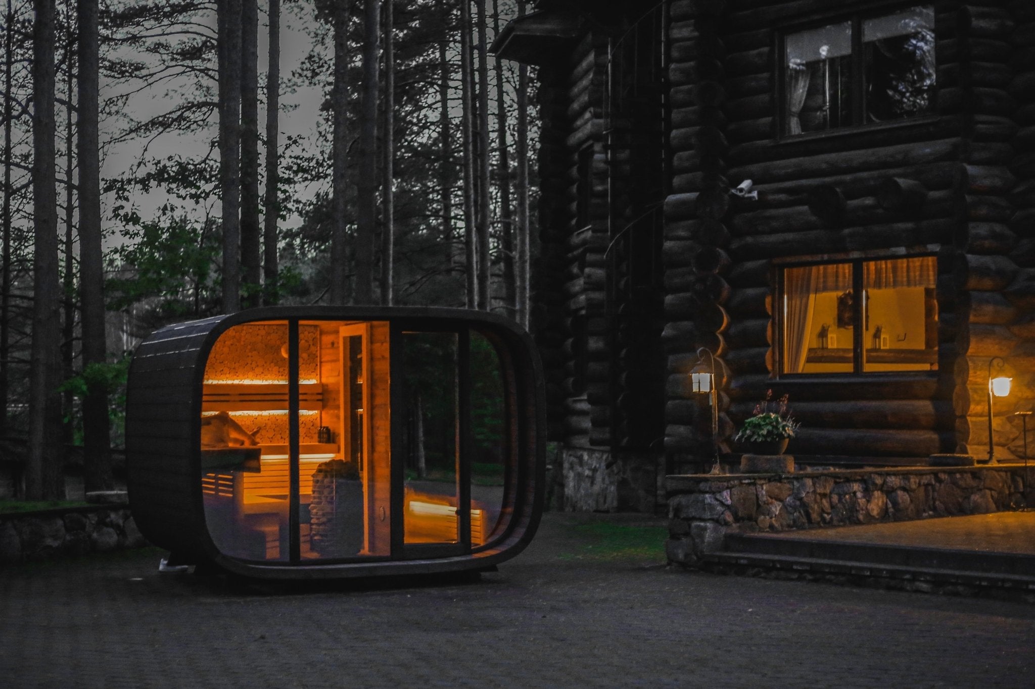 Leil Saunas Round Cube Double, 5 - 6 Person Luxury Outdoor Sauna with Changing Room - NW Immersion