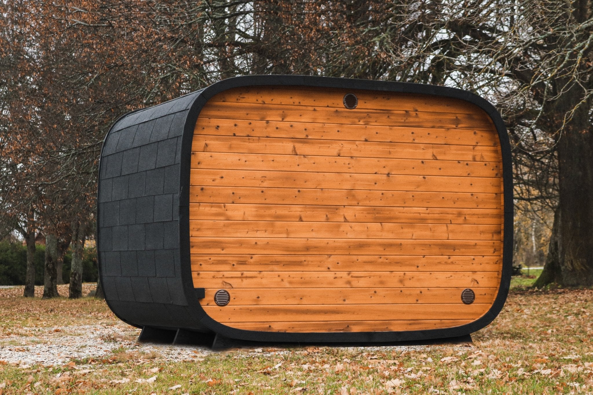 Leil Saunas Round Cube Double, 5 - 6 Person Luxury Outdoor Sauna with Changing Room - NW Immersion