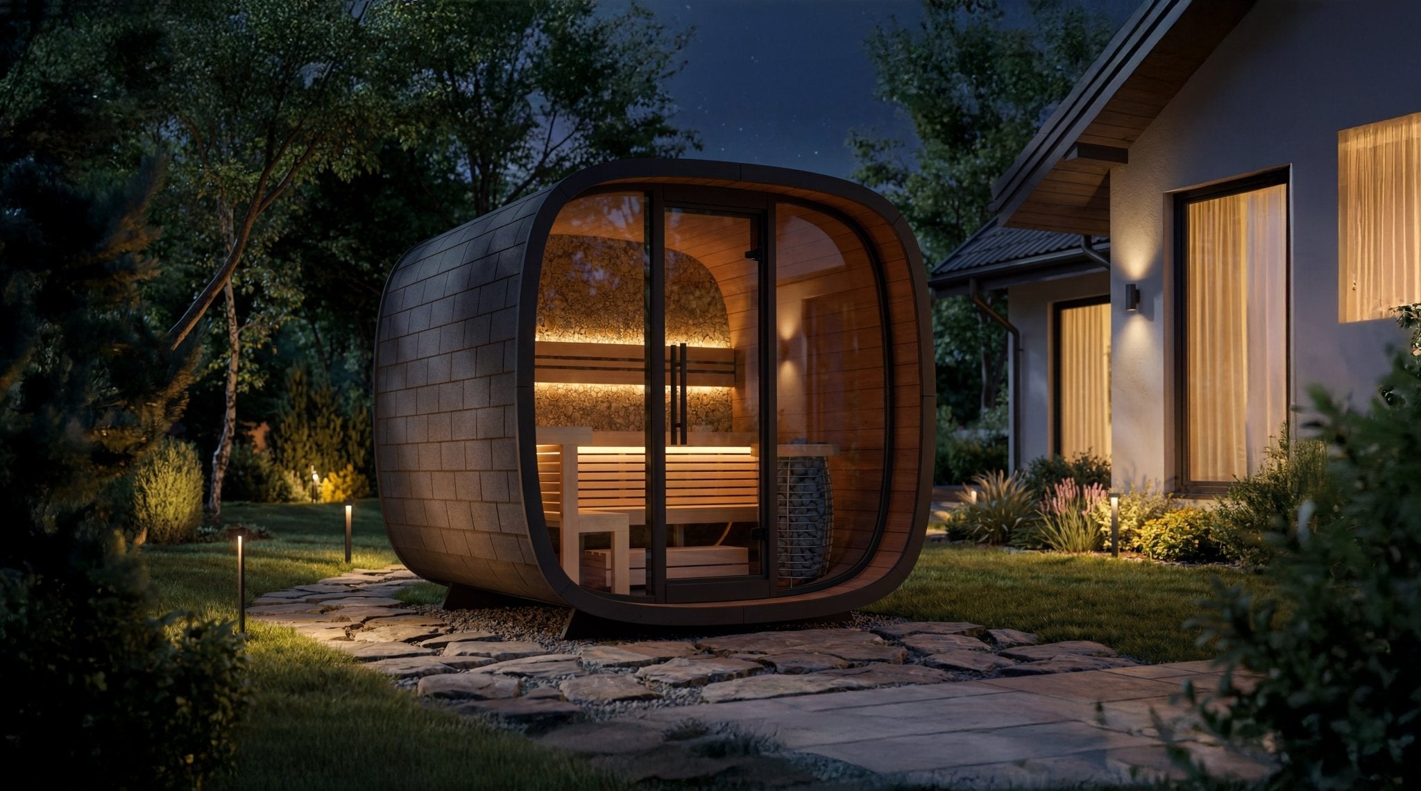 Leil Saunas Round Cube Mini, 4 - 5 Person Outdoor Sauna - NW Immersion
