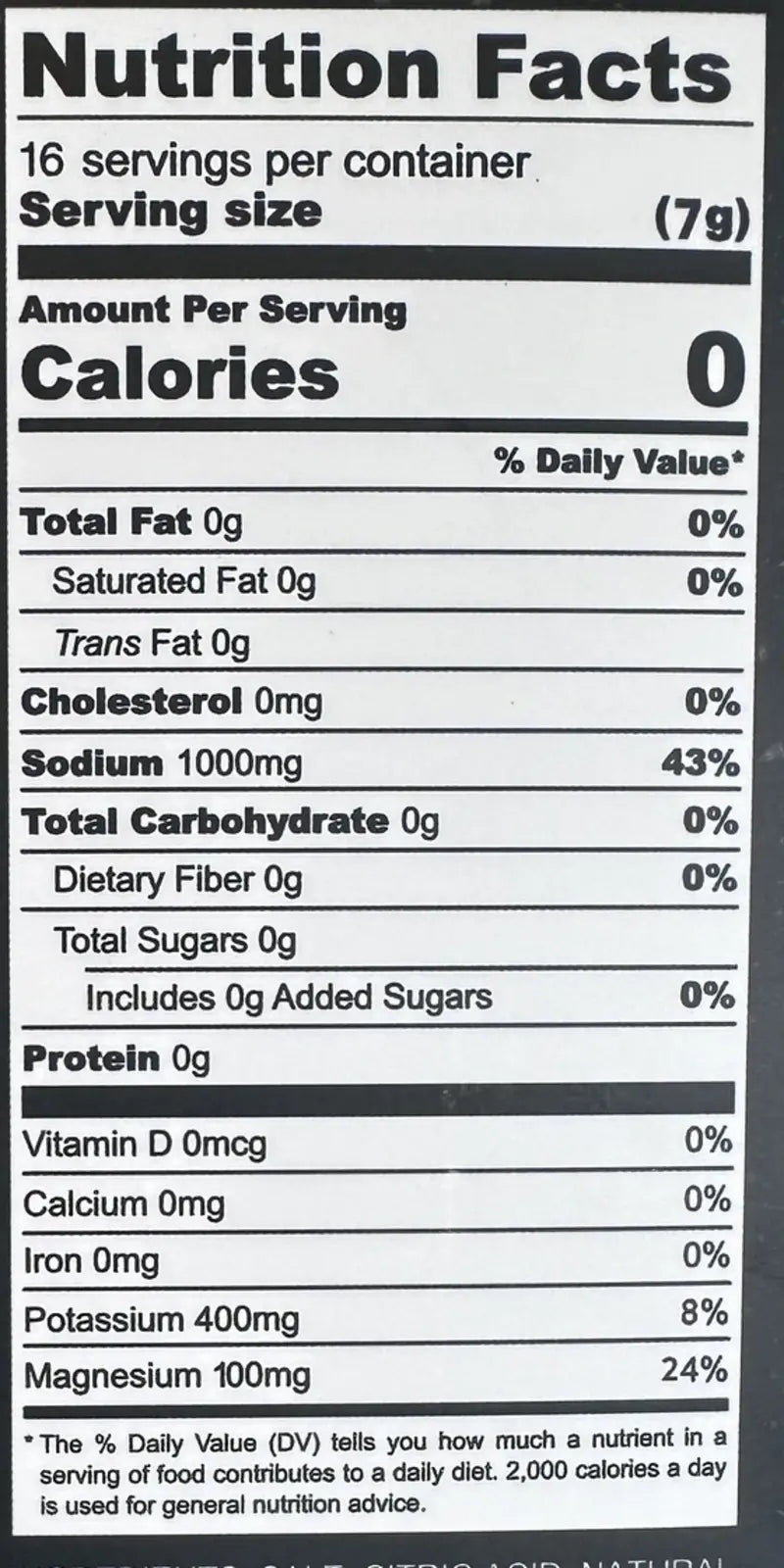 Photograph of Sauna Salt box Nutrition Facts: 16 servings, 7 g serving, 0 calories, sodium 1000 mg (43% DV), potassium 400 mg (8% DV), magnesium 100 mg (24% DV), 0 g total and added sugars