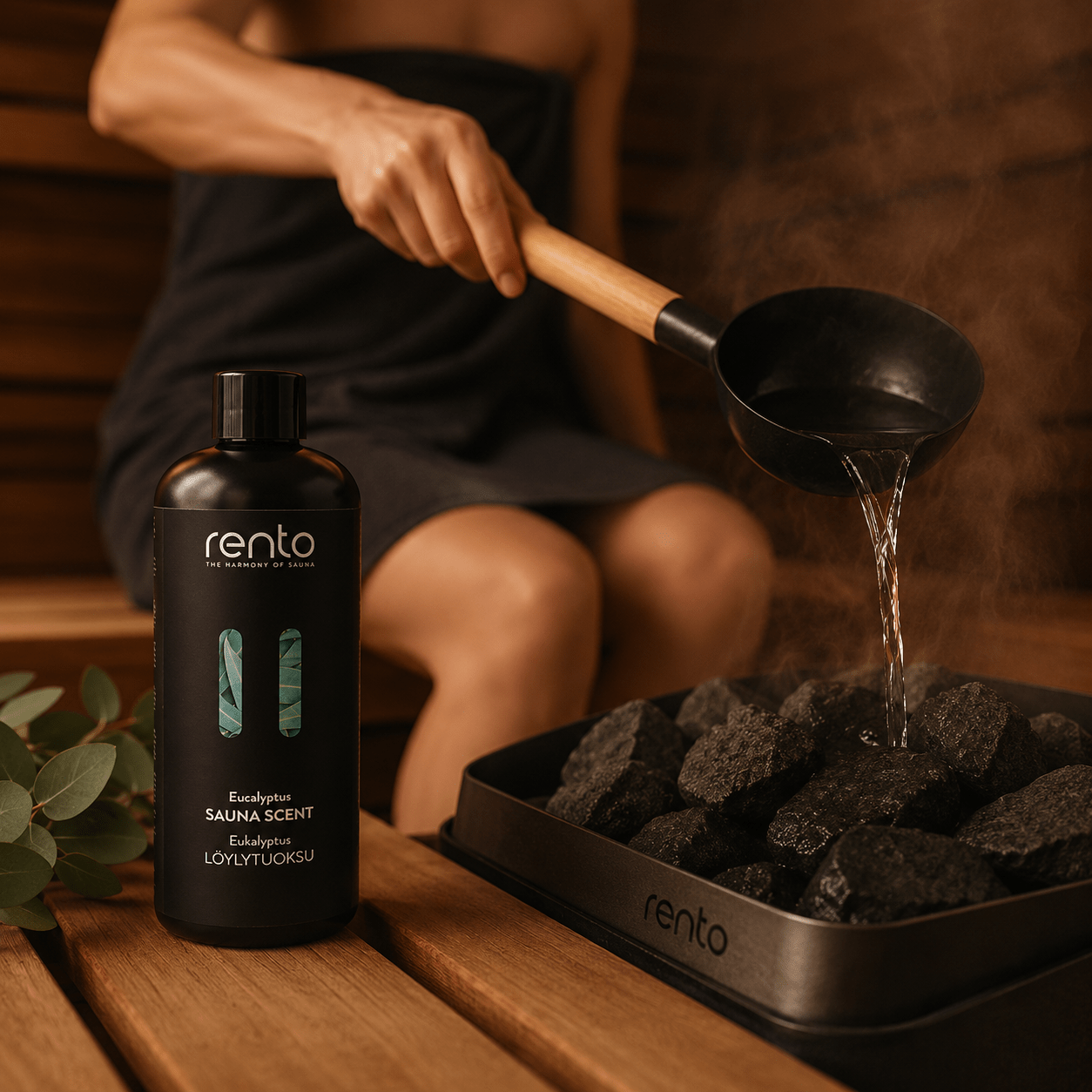 Rento Eucalyptus sauna scent on sauna bench as water is poured onto hot stones.