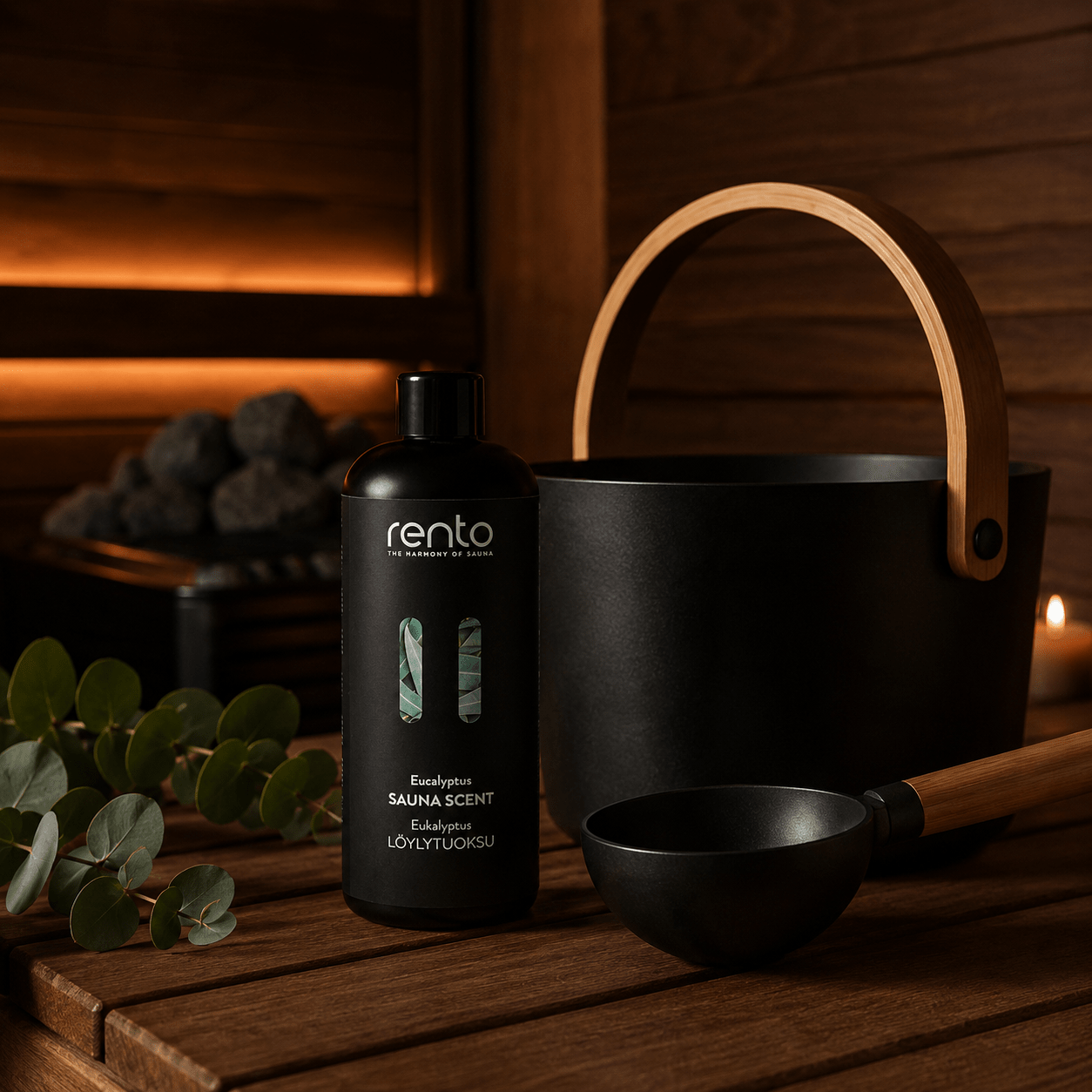 Rento Eucalyptus sauna scent beside sauna bucket and ladle for Finnish löyly.