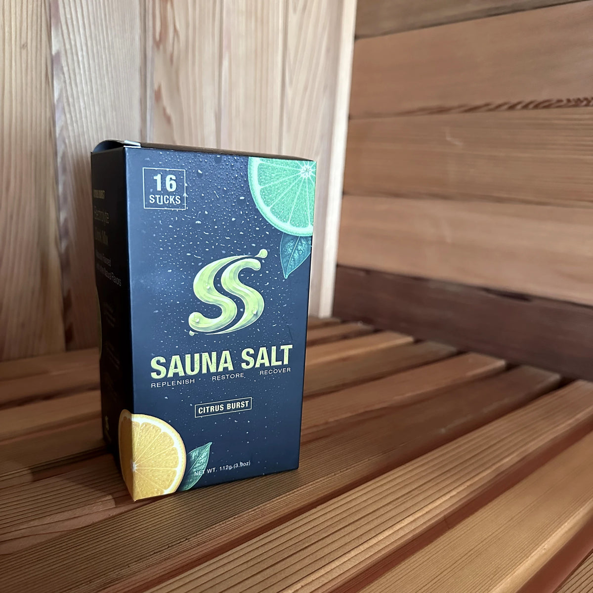 Sauna Salt box photographed inside a wood sauna