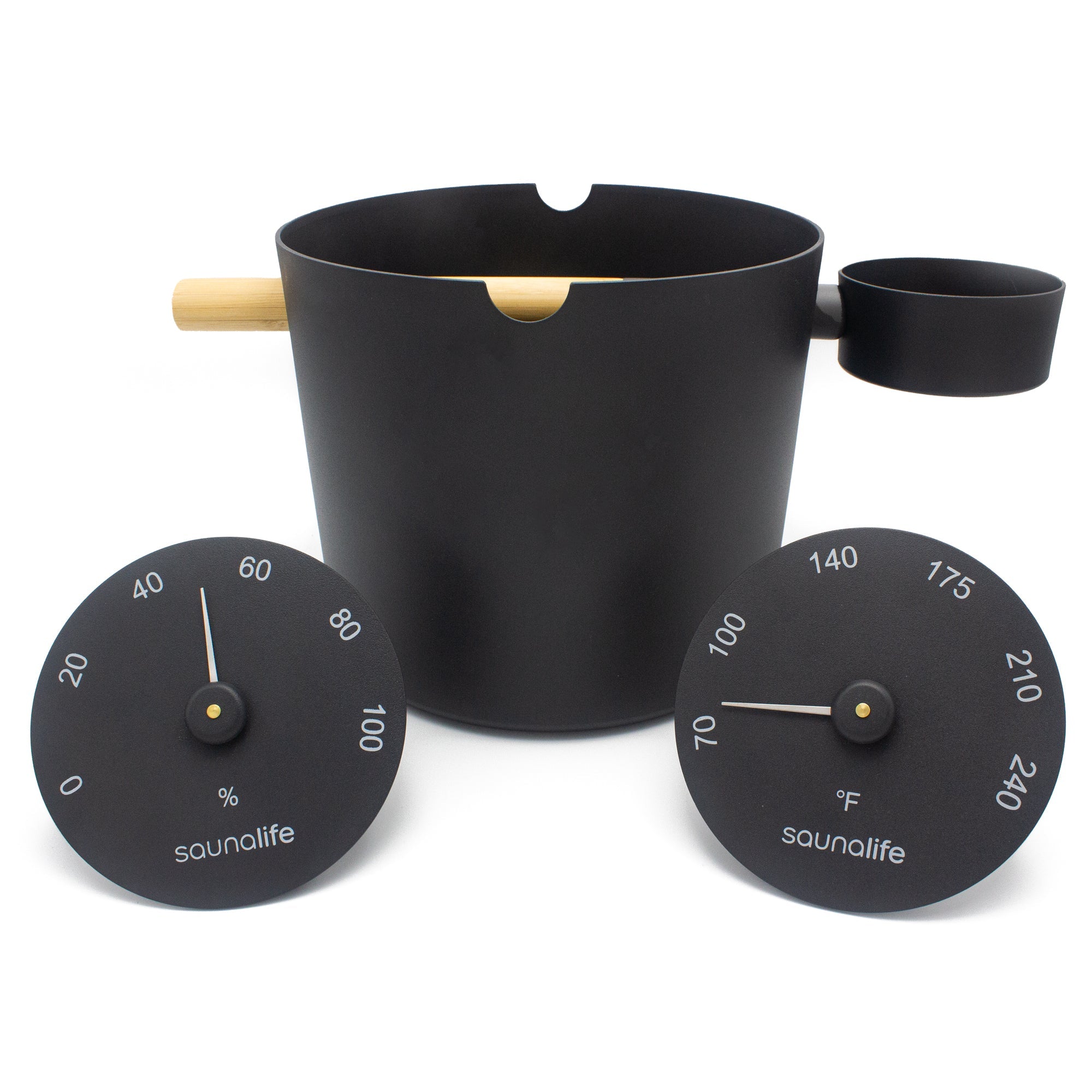 SaunaLife Accessory Package 5 — Black Sauna Bucket, Ladle, Thermometer & Hygrometer - NW Immersion