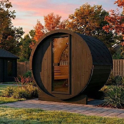 SaunaLife E6WB 3 Person Outdoor Barrel Sauna with Panoramic Window – Black - NW Immersion