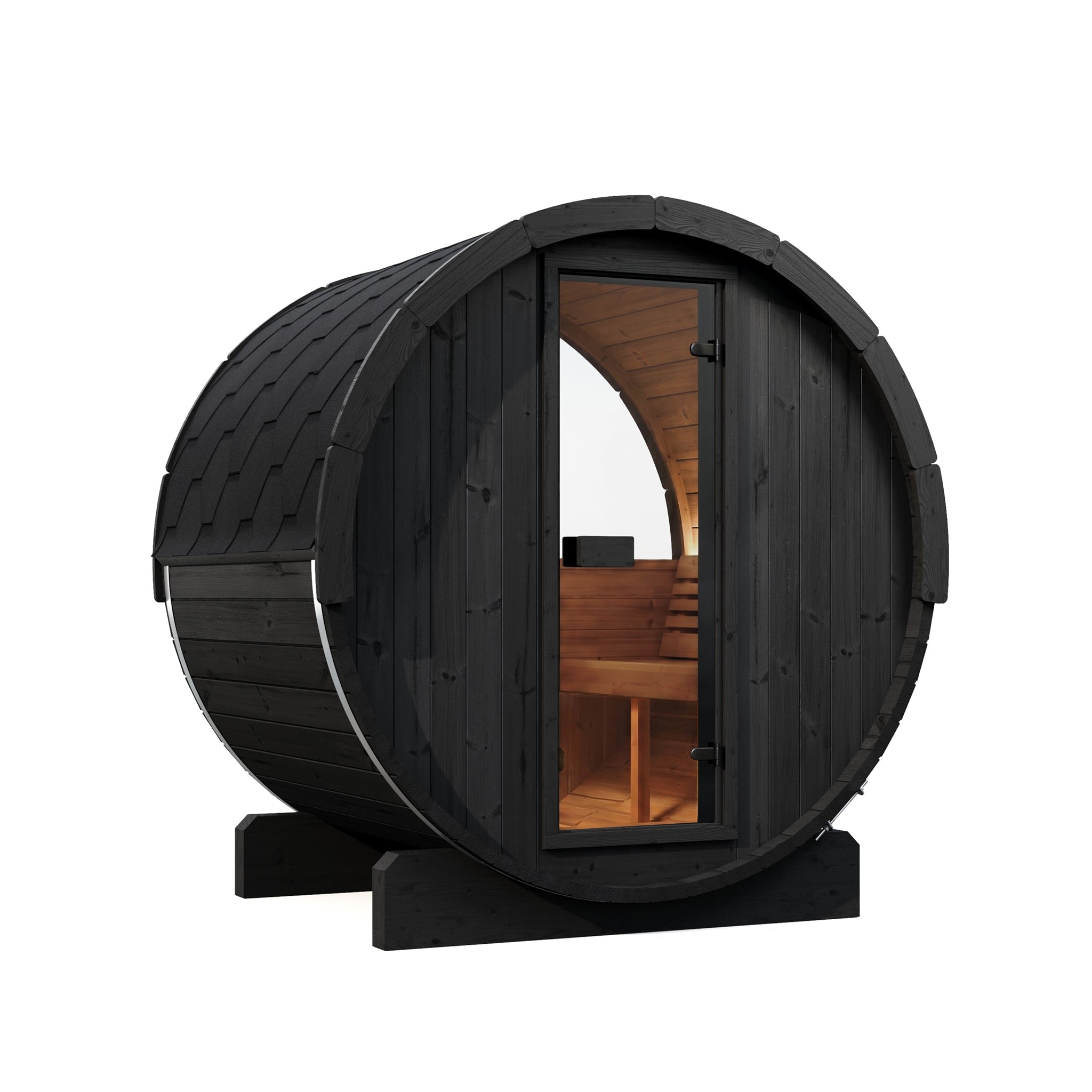 SaunaLife E6WB 3 Person Outdoor Barrel Sauna with Panoramic Window – Black - NW Immersion