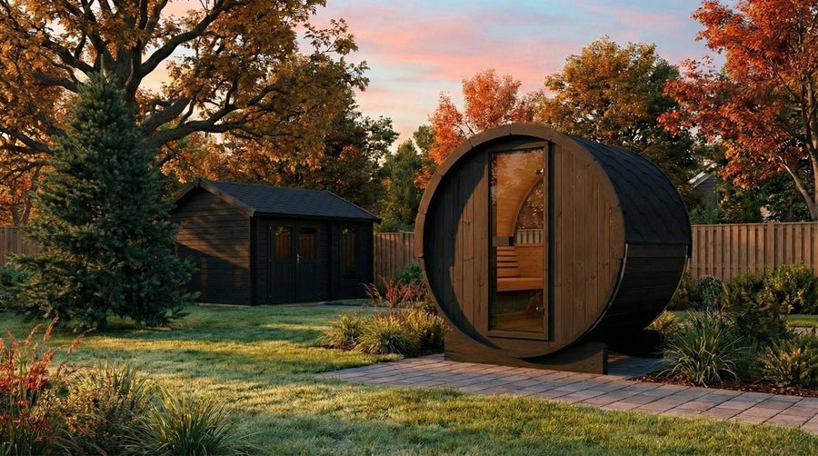SaunaLife E6WB 3 Person Outdoor Barrel Sauna with Panoramic Window – Black - NW Immersion